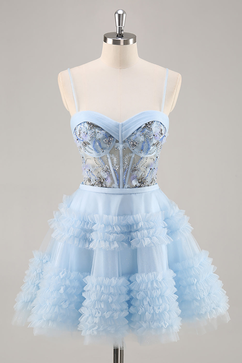 Blue Corset Ruffled Homecoming Dress with Appliques