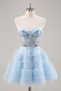 Blue Corset Ruffled Homecoming Dress with Appliques
