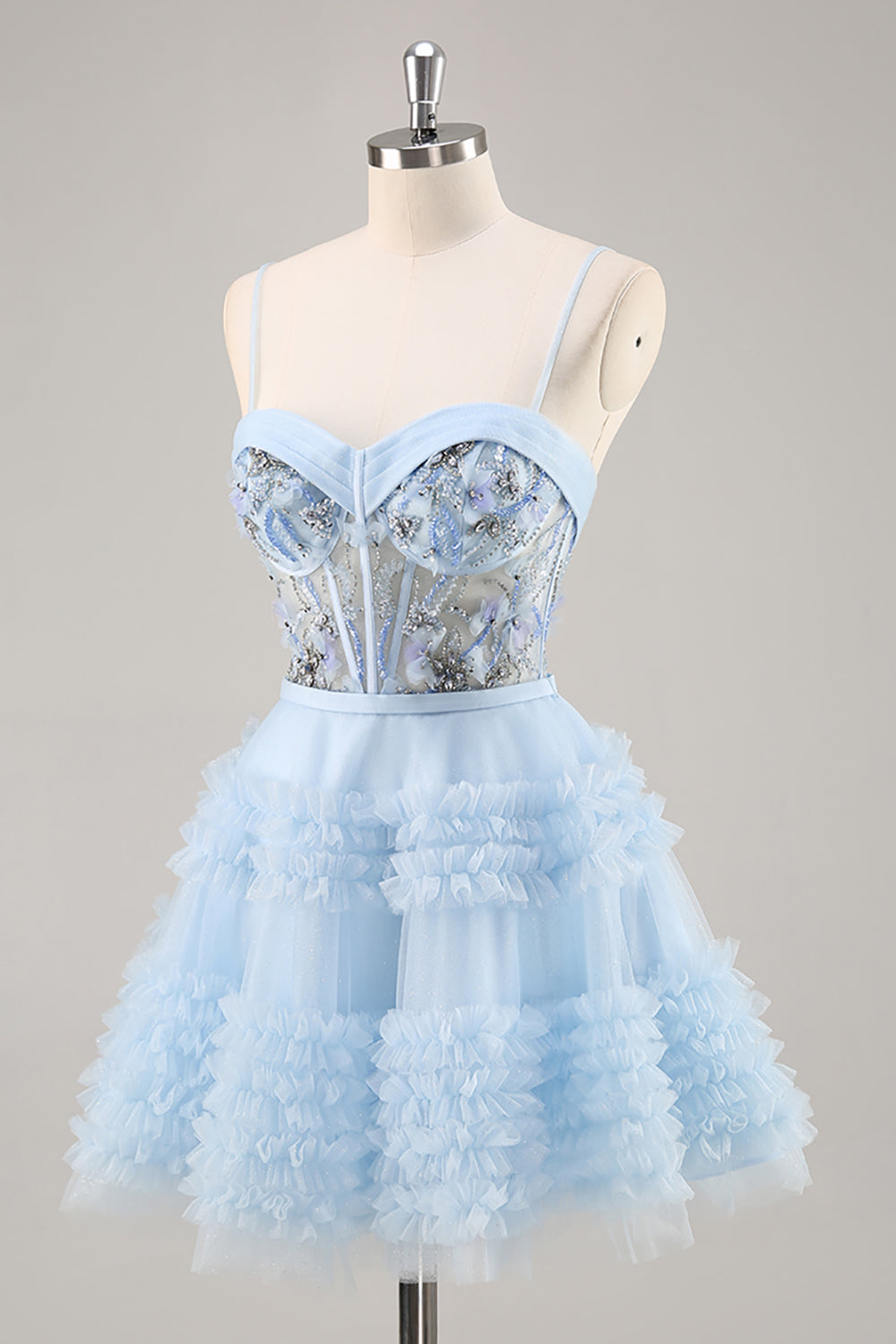 Blue Corset Ruffled Homecoming Dress with Appliques