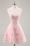 Floral Corset Strapless Pink Homecoming Dress with Appliques