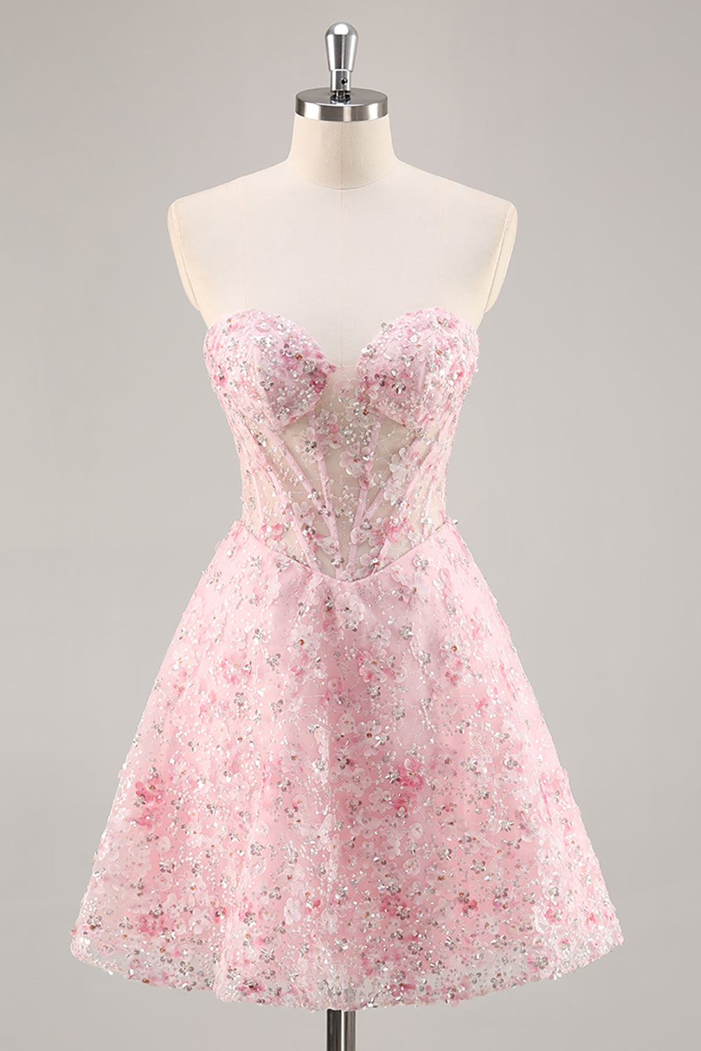Floral Corset Strapless Pink Homecoming Dress with Appliques