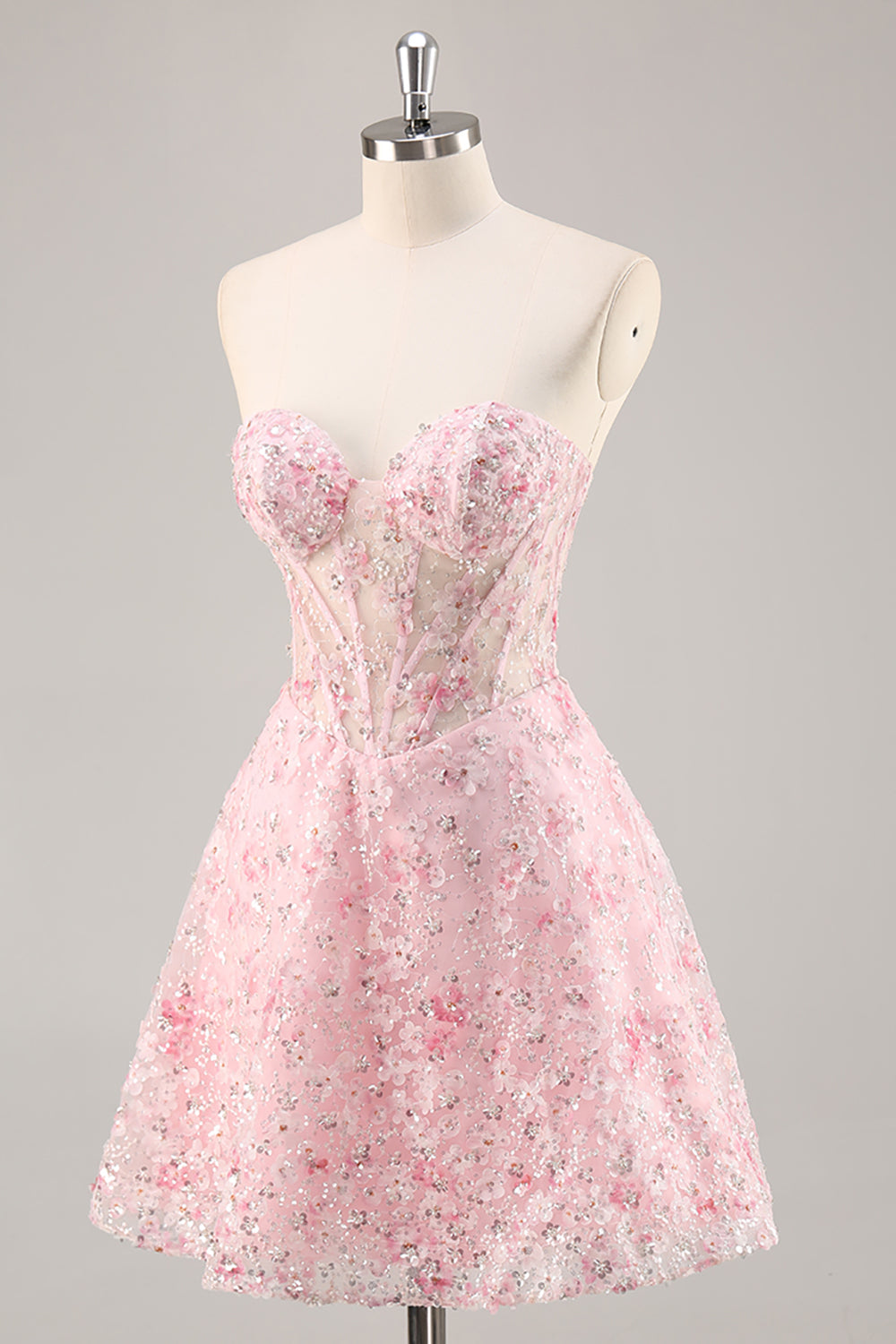 Floral Corset Strapless Pink Homecoming Dress with Appliques