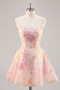 Floral Strapless Appliqued Pink Homecoming Dress with Sequins
