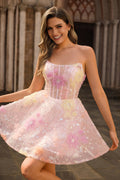 Sequin Corset Strapless A Line Pink Homecoming Dress with Appliques
