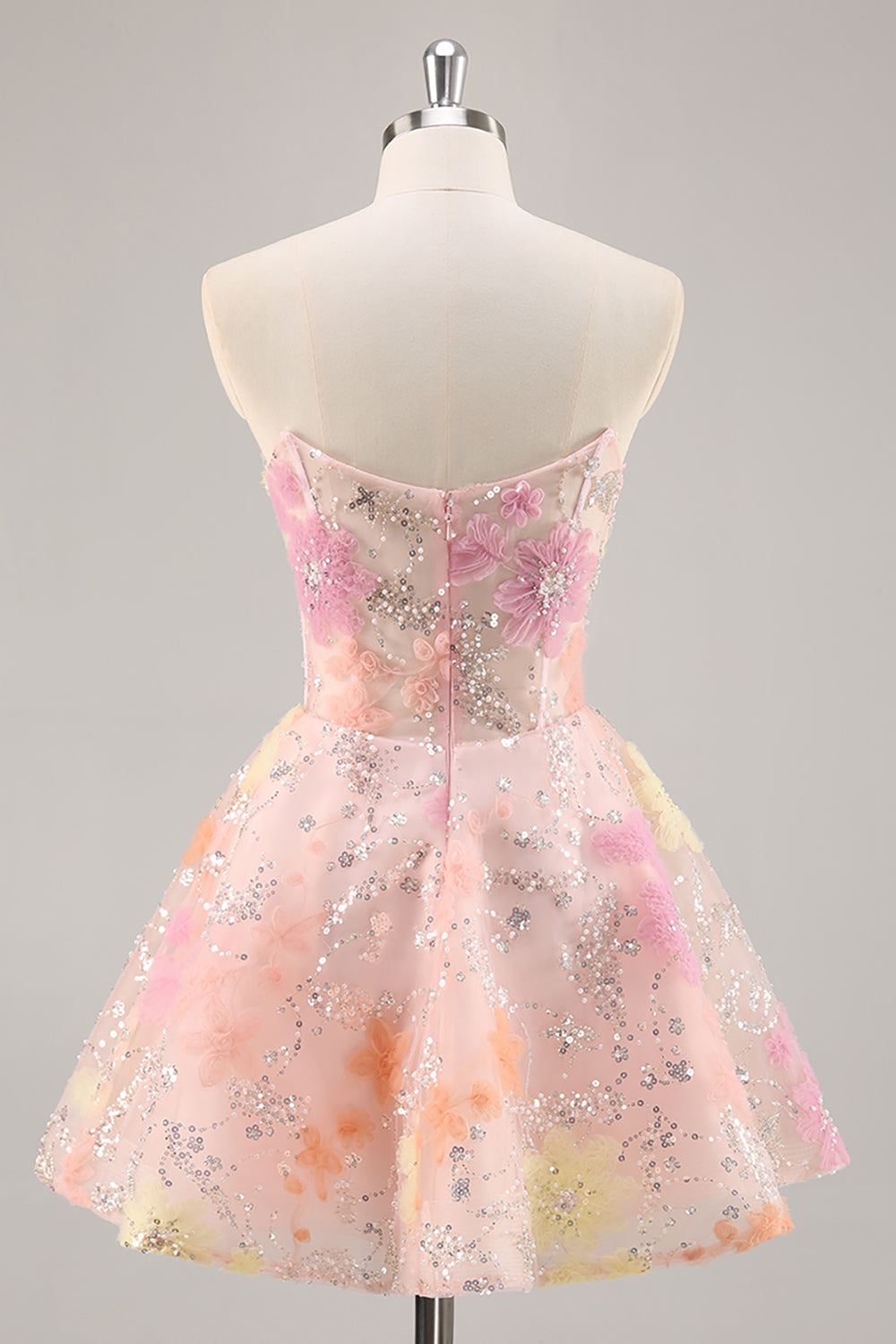 Floral Strapless Appliqued Pink Homecoming Dress with Sequins
