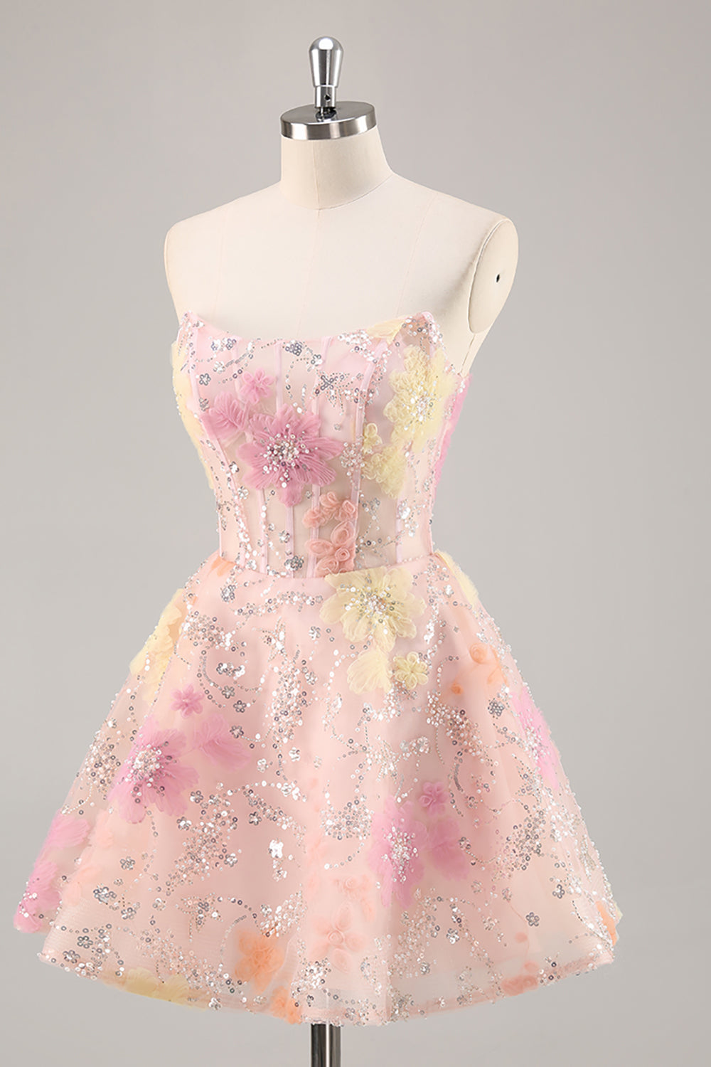 Floral Strapless Appliqued Pink Homecoming Dress with Sequins
