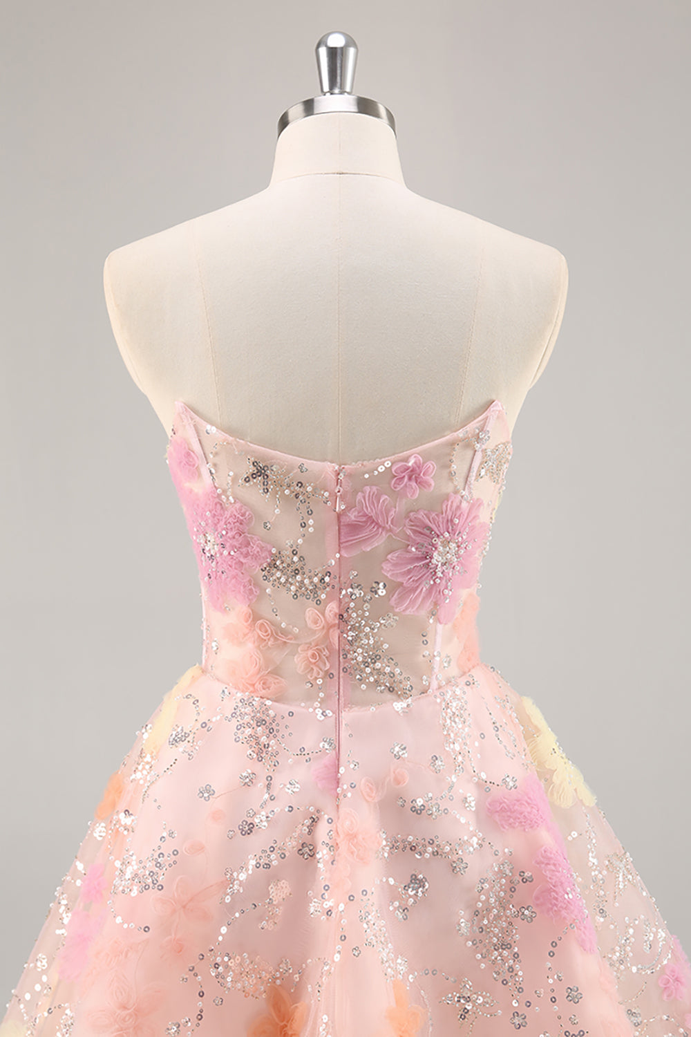 Floral Strapless Appliqued Pink Homecoming Dress with Sequins