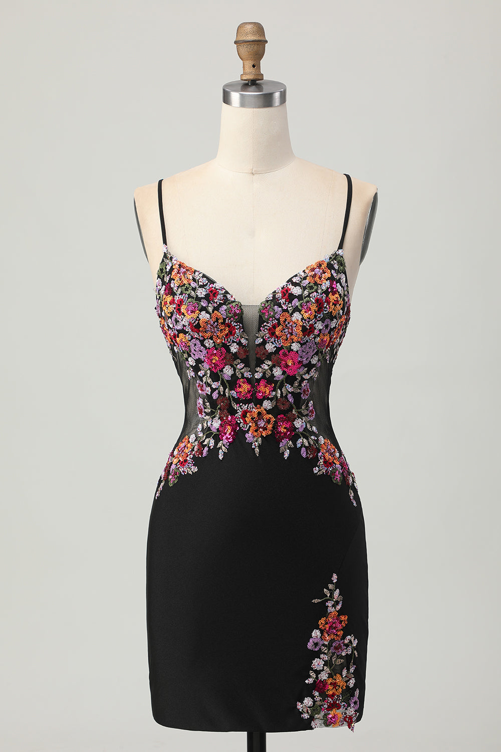 Bodycon Sequin Flower Spaghetti Straps Black Homecoming Dress