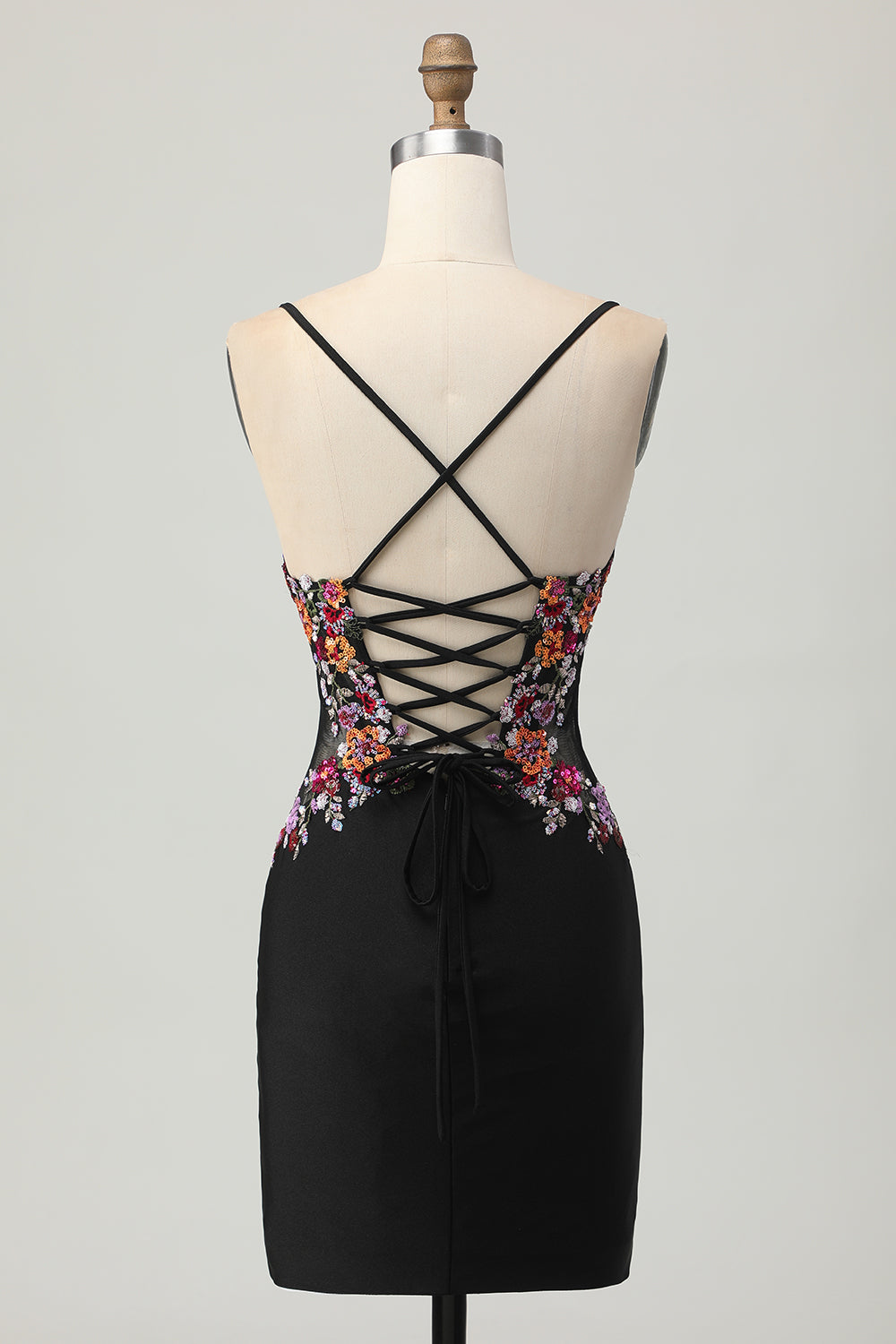 Bodycon Sequin Flower Spaghetti Straps Black Homecoming Dress