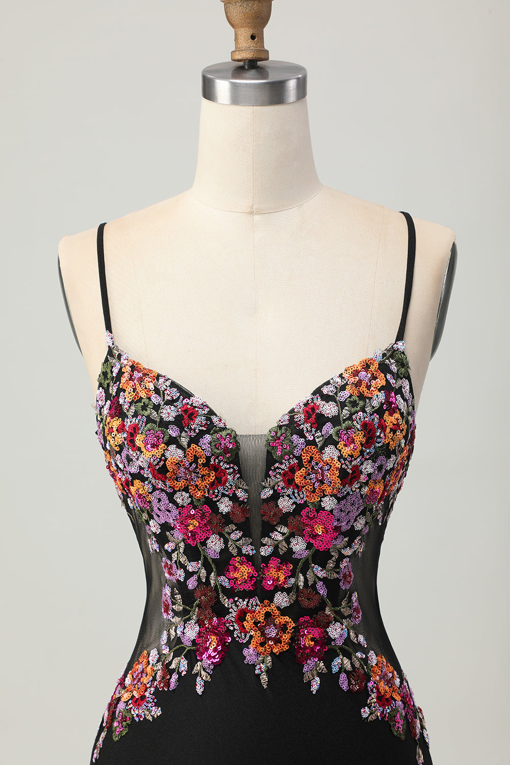 Black Bodycon Flower Spaghetti Straps Mini Homecoming Dress