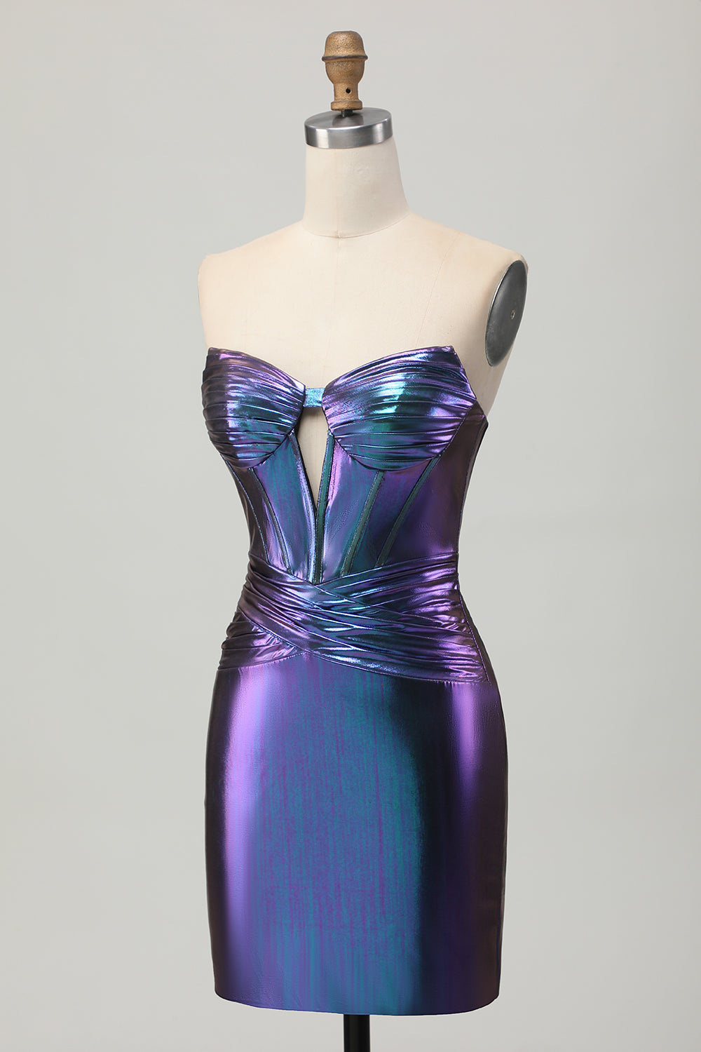 Metallic Blue Purple Strapless Keyhole Corset Tight Homecoming Dress