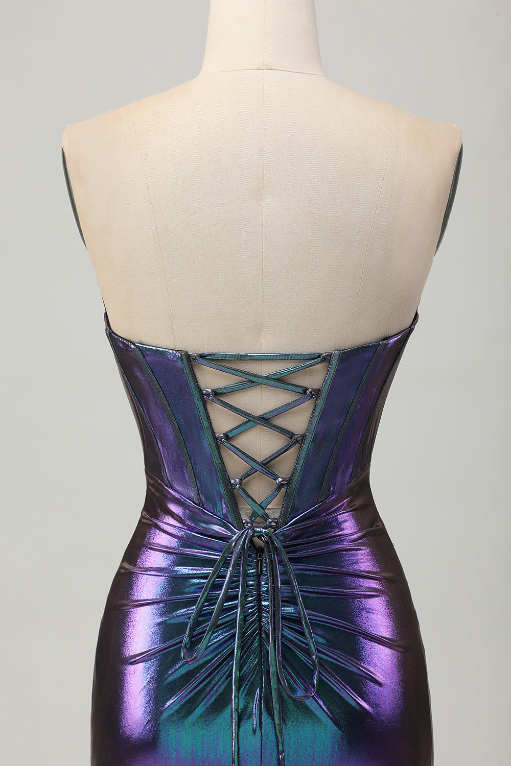 Metallic Blue Purple Strapless Keyhole Corset Tight Homecoming Dress