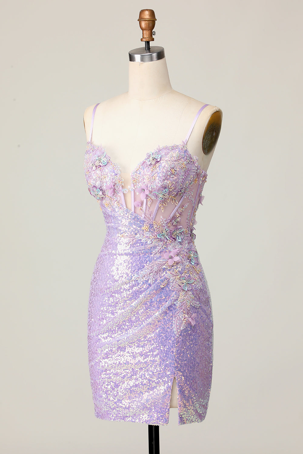 Sparkly Lilac Bodycon Corset Homecoming Dress with Appliques
