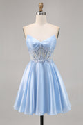 Light Blue Strapless A Line Homecoming Dress with Sequins