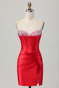 Red Strapless Beaded Corset Bodycon Homecoming Dress with Slit