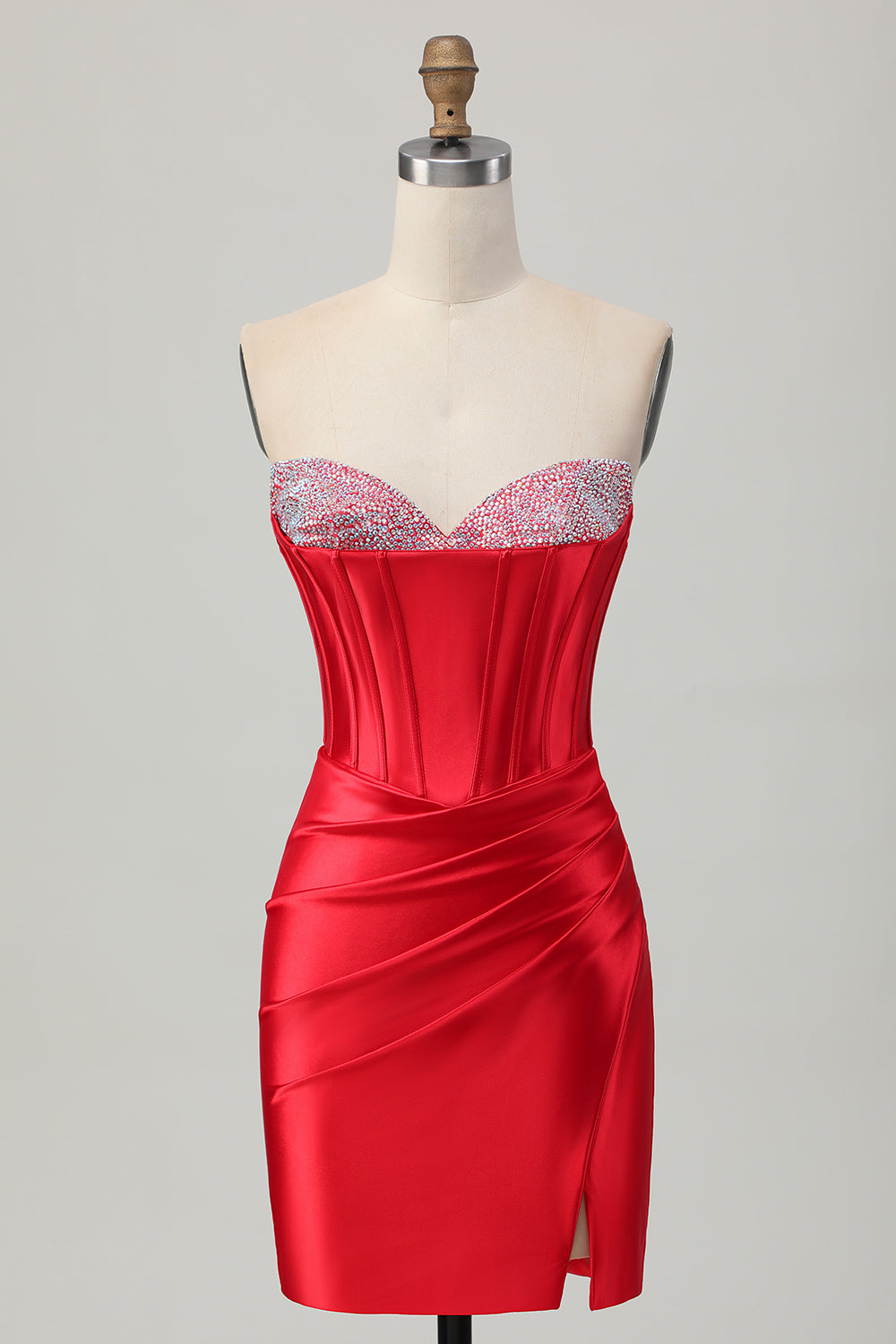 Satin Corset Strapless Bodycon Red Homecoming Dress With Slit