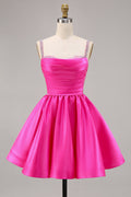 Fuchsia A Line Satin Homecoming Dress with Beading