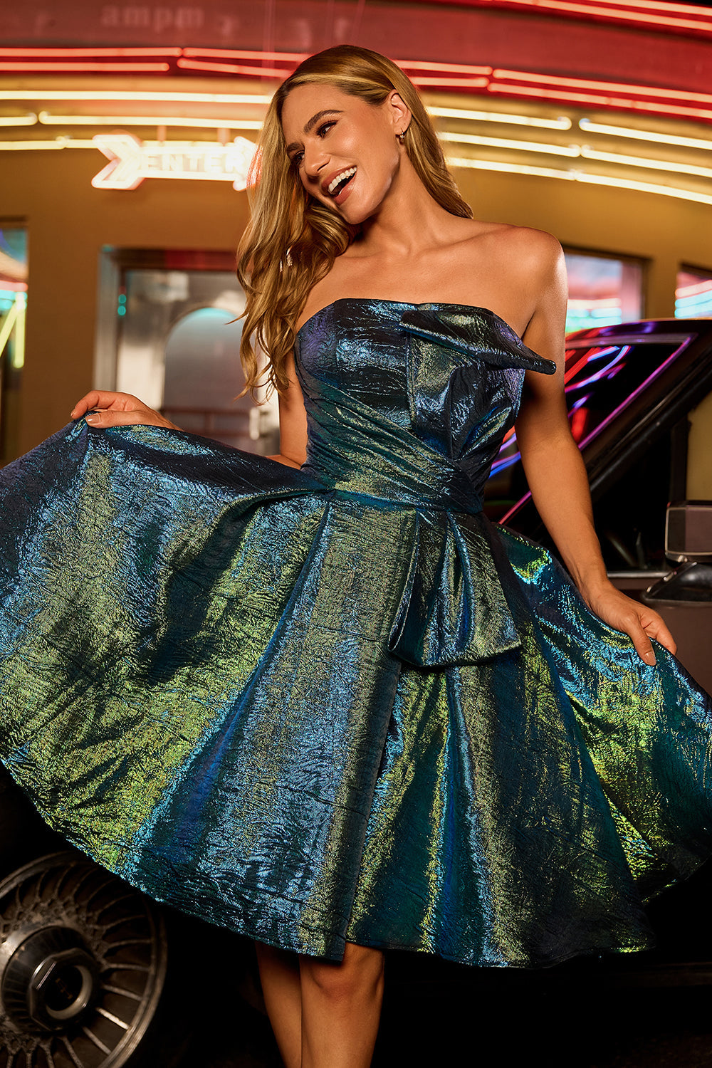 Peacock Green Metallic Strapless A Line Homecoming Dress