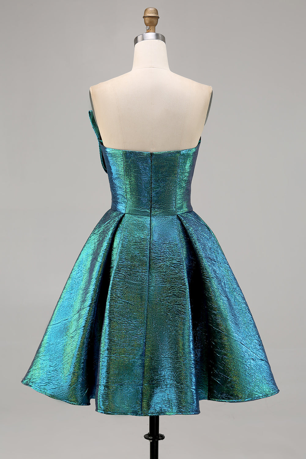 Peacock Green Metallic Strapless A Line Homecoming Dress
