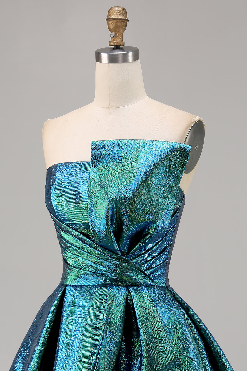 Peacock Green Metallic Strapless A Line Homecoming Dress
