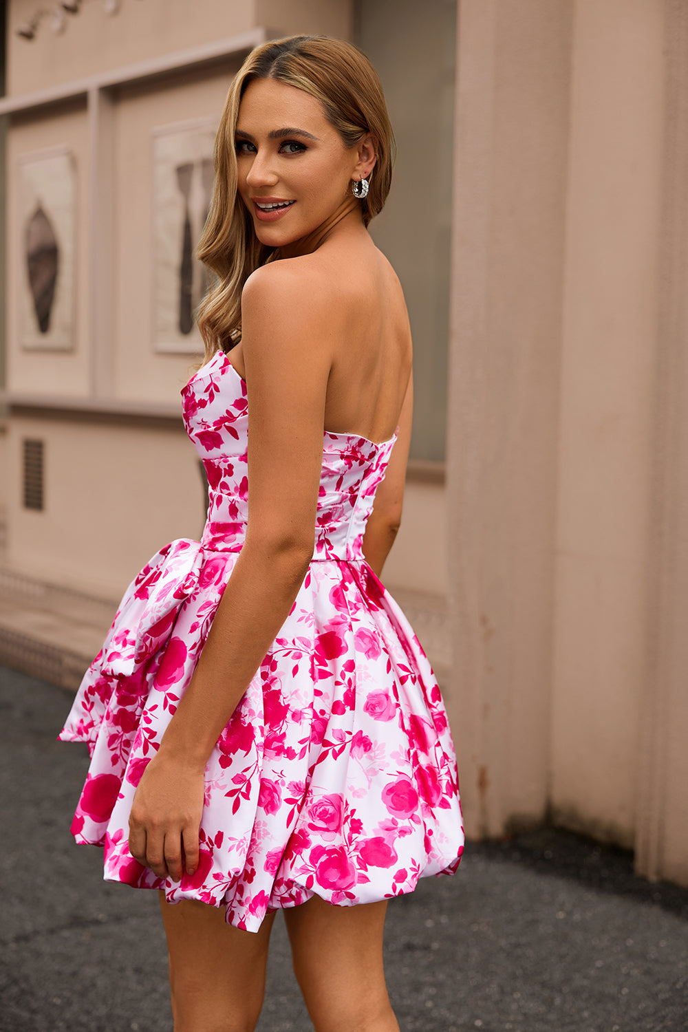 Fuchsia Printed Strapless Homecoming Dress with Bow