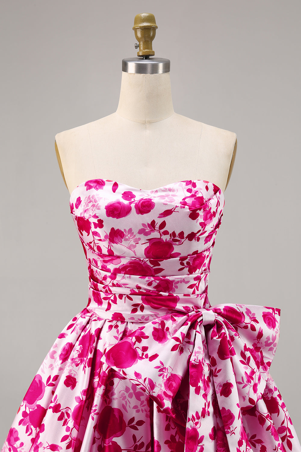 Fuchsia Printed Strapless Homecoming Dress with Bow