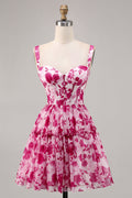 Printed Fuchsia Floral A Line Corset Homecoming Dress