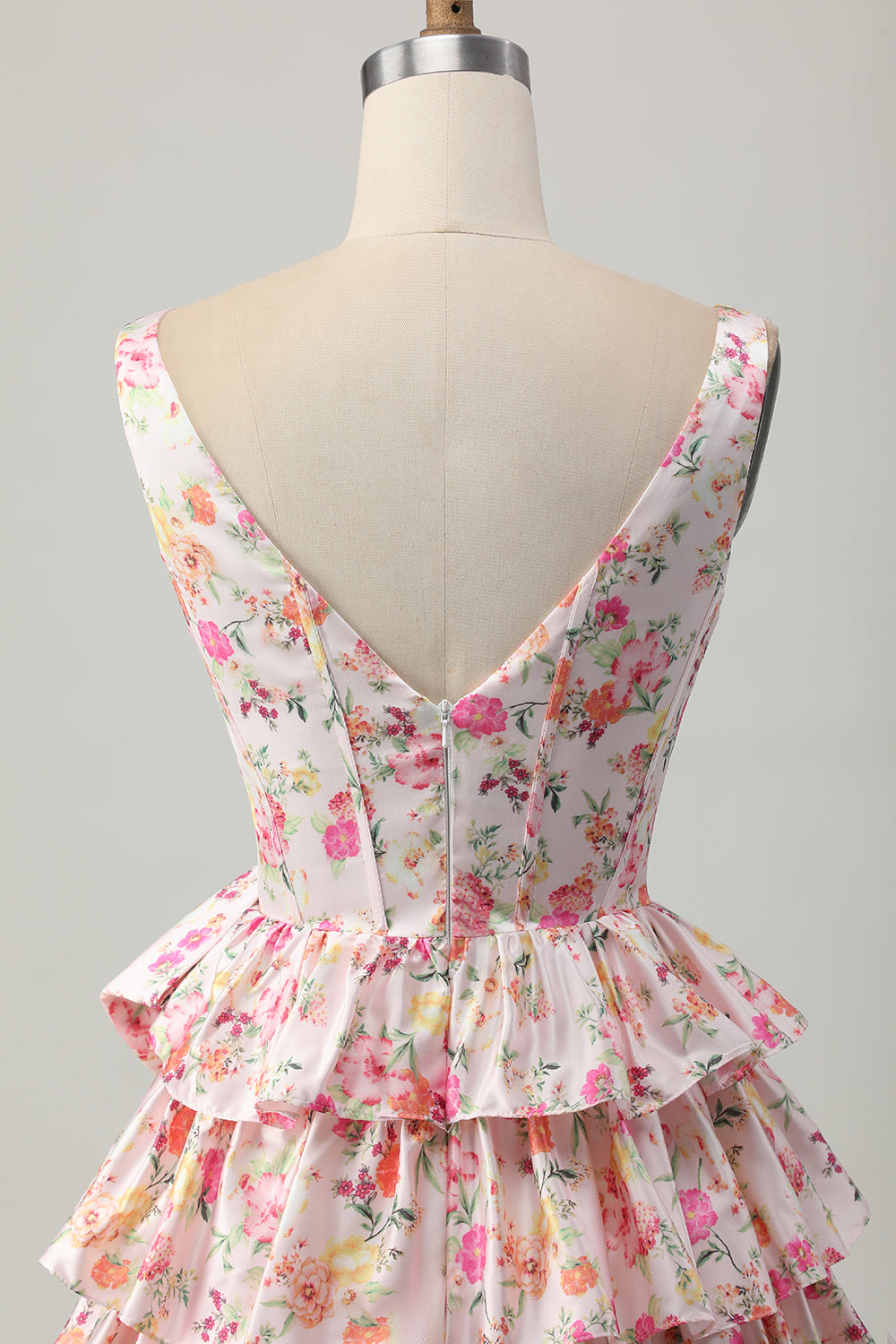 Floral Pink V-Neck Tiered A Line Homecoming Dress with Bow
