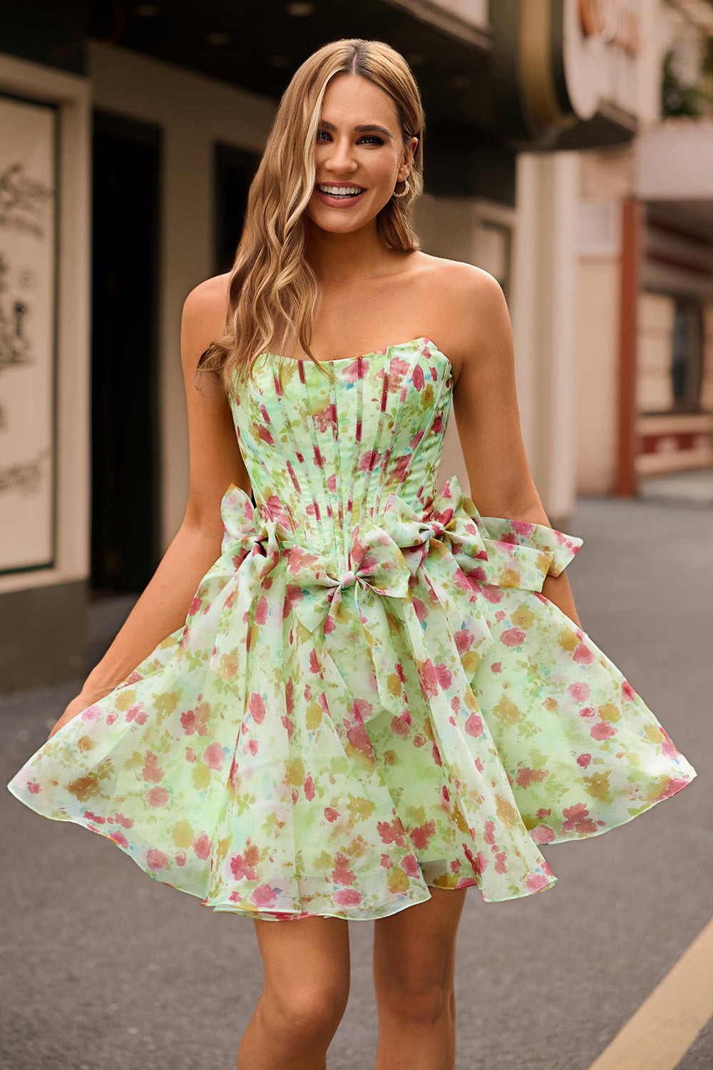 Floral Strapless A Line Corset Green Homecoming Dress