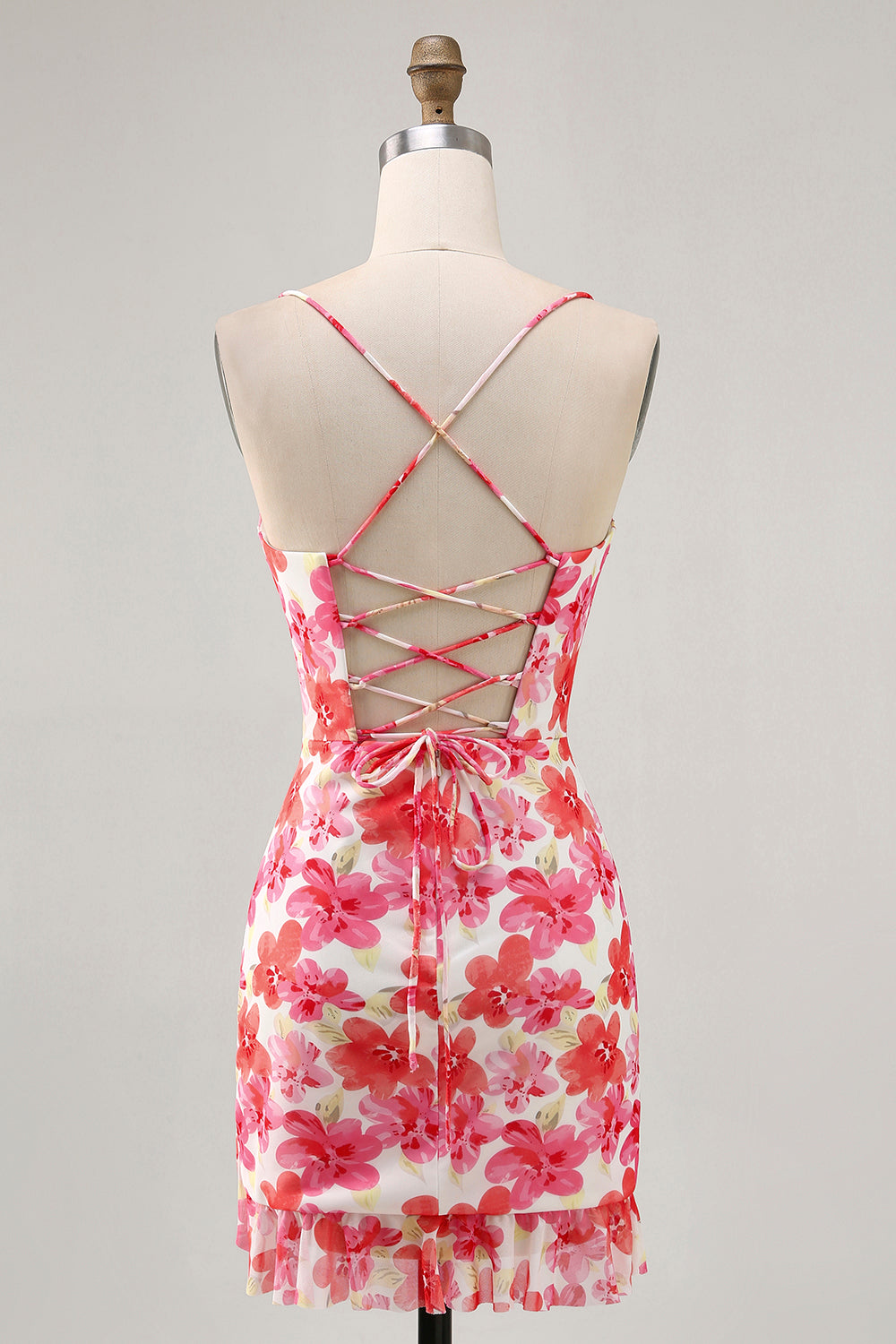 Red Flower Bodycon Spaghetti Straps Printed Mini Homecoming Dress