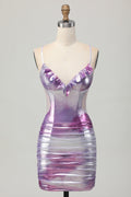 Silver Purple Bodycon Ruched V Neck Homecoming Dress