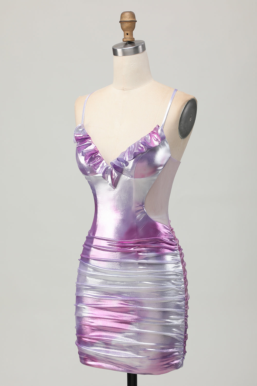 Silver Purple Bodycon Ruched V Neck Homecoming Dress