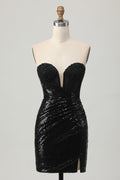 Black Bodycon Strapless Sequin Homecoming Dress with Slit