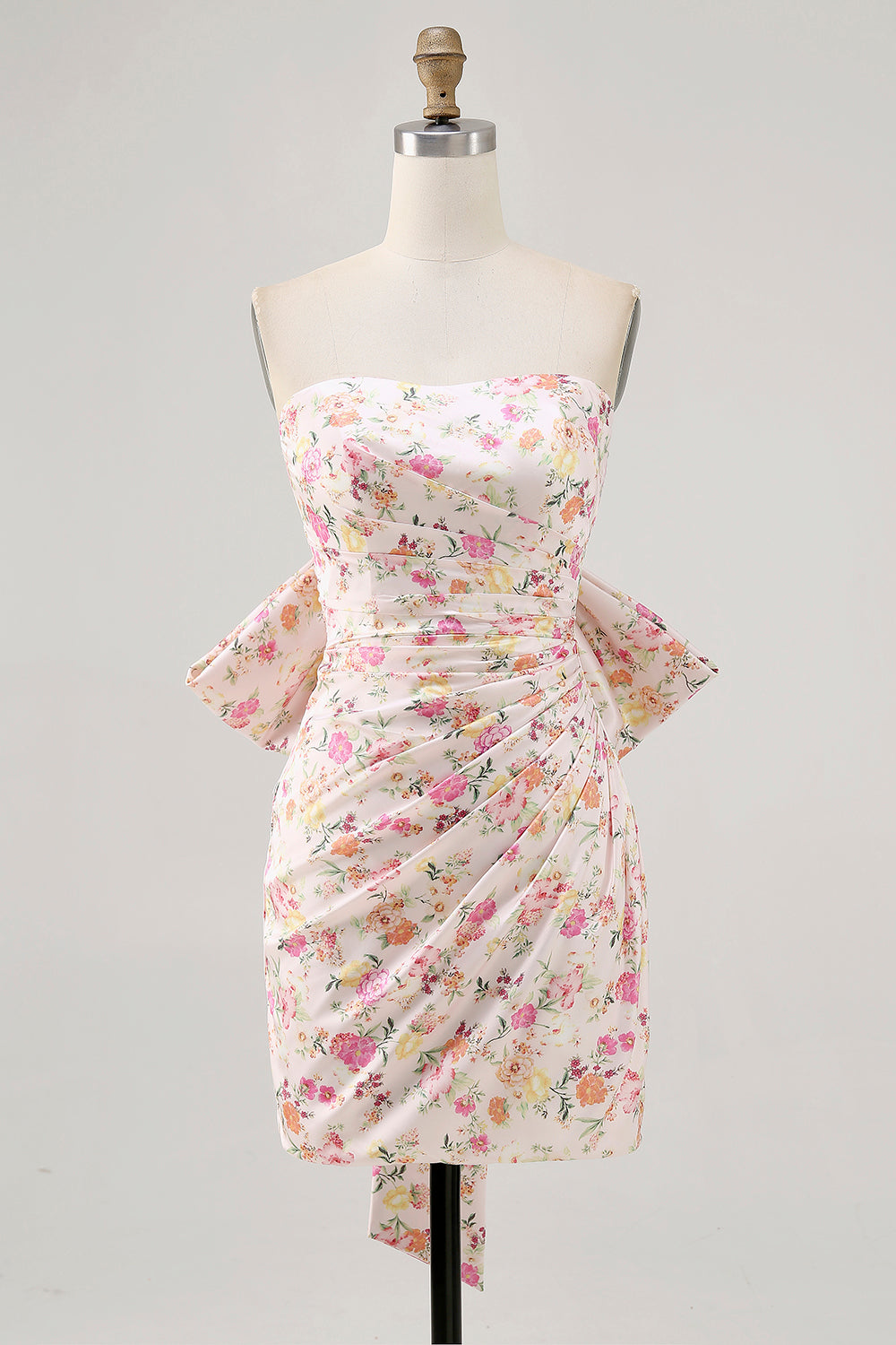 Pink Flower Strapless Bodycon Ruched Homecoming Dress with Bow