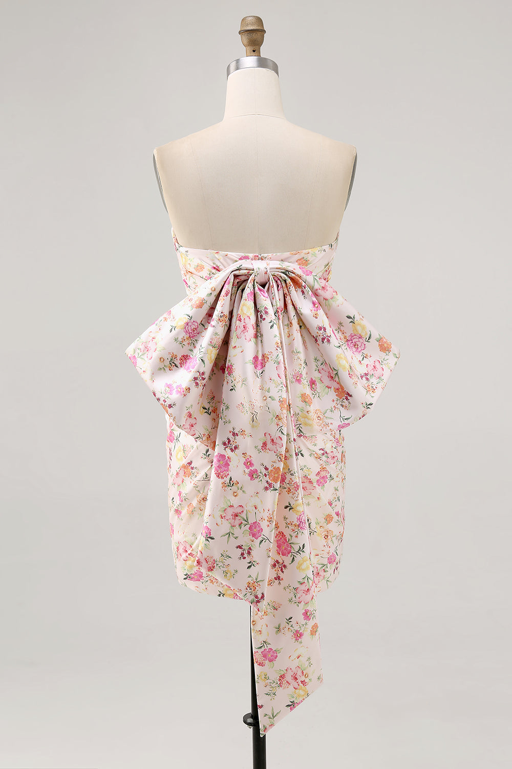 Pink Flower Strapless Bodycon Ruched Homecoming Dress with Bow