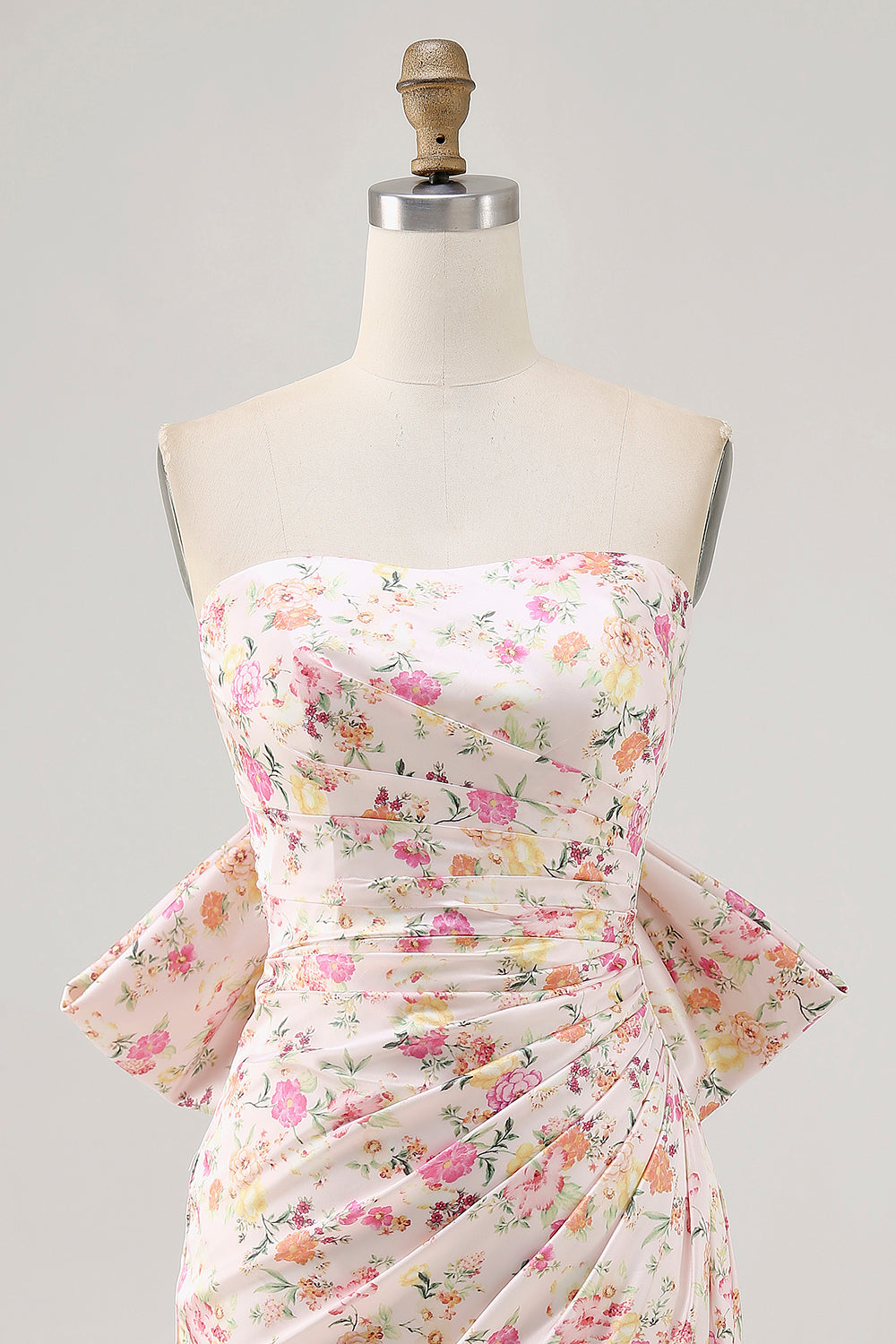 Pink Flower Strapless Bodycon Ruched Homecoming Dress with Bow