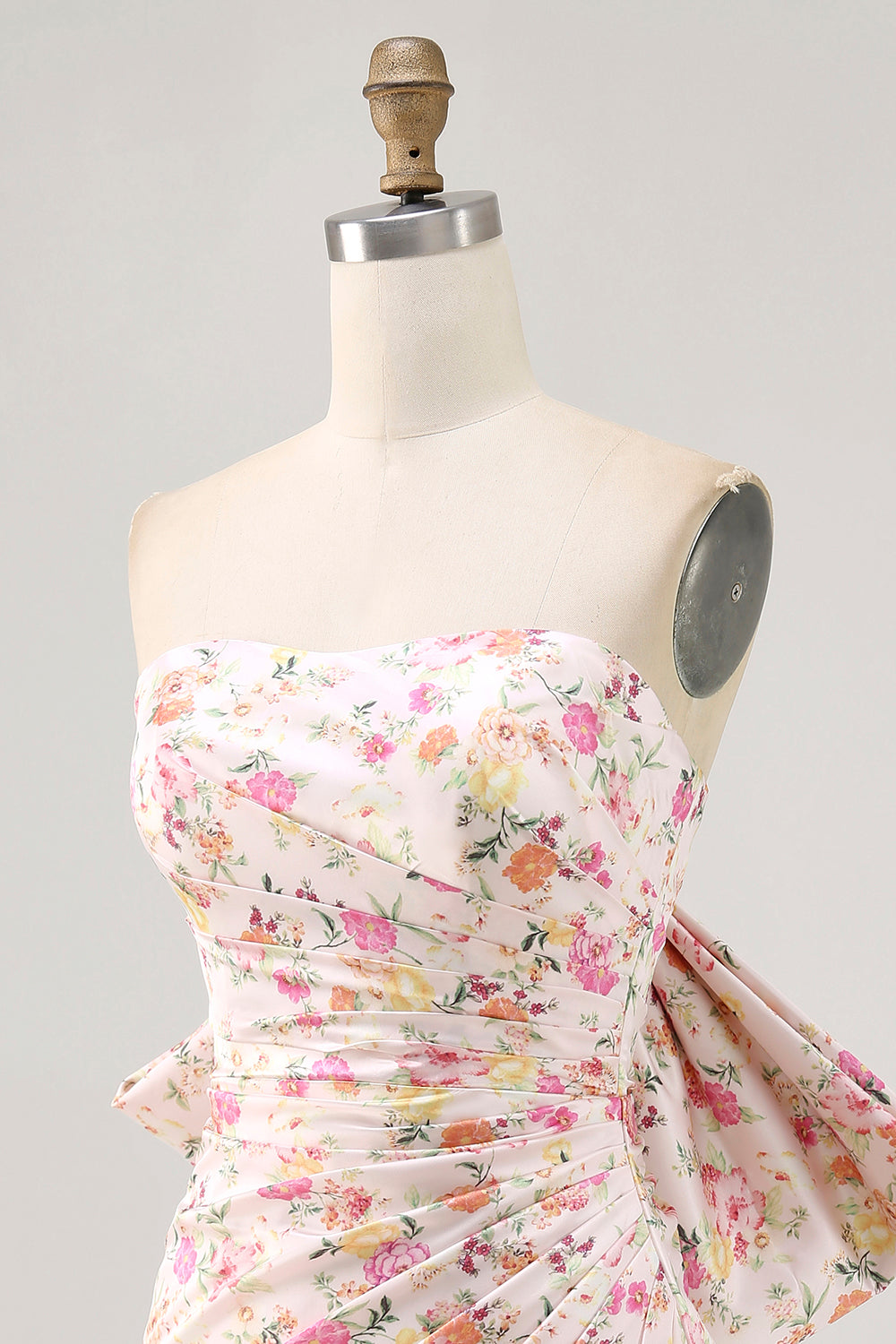 Pink Flower Strapless Bodycon Ruched Homecoming Dress with Bow