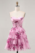 Pink Floral A Line Strapless Tiered Corset Homecoming Dress with Lace Up Back