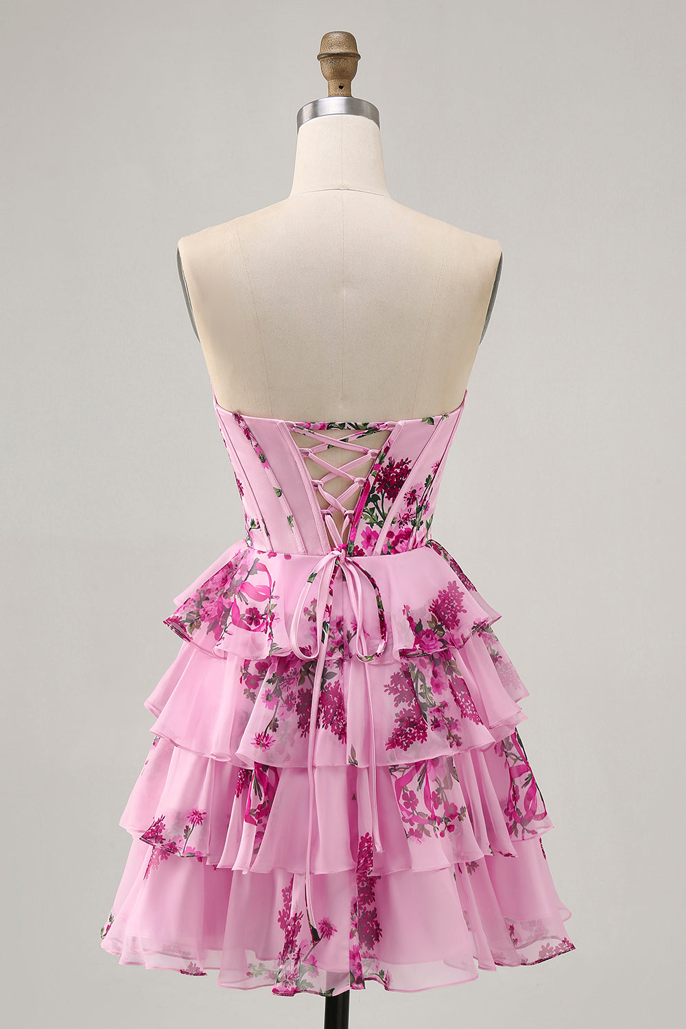 Pink Floral A Line Strapless Tiered Corset Homecoming Dress with Lace Up Back