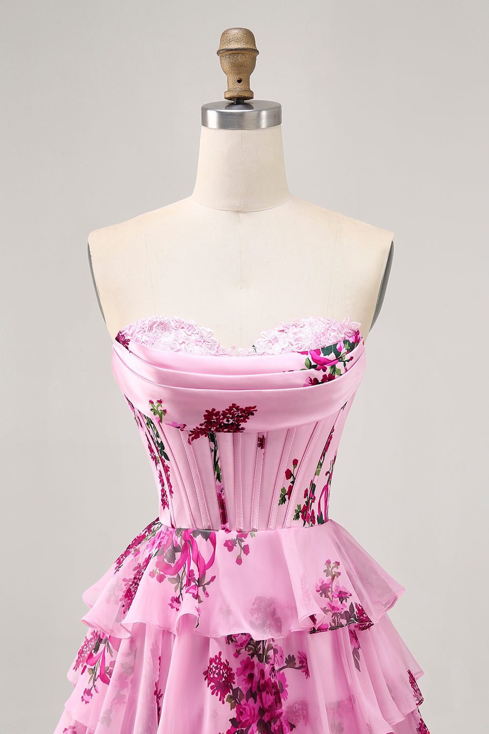 Pink Floral A Line Strapless Tiered Corset Homecoming Dress with Lace Up Back