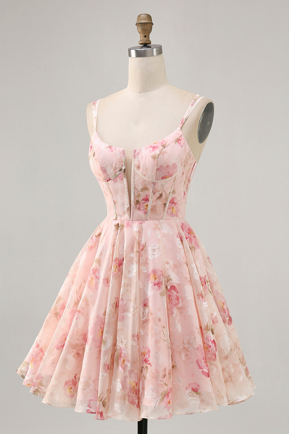 Blush Floral A Line Cut Out Corset Printed Homecoming Dress