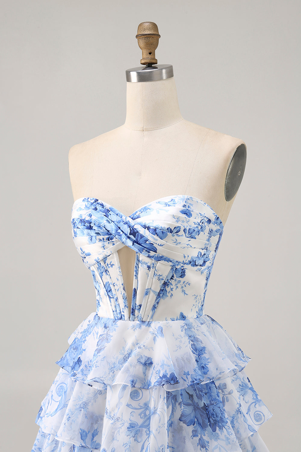 White Blue Flower Strapless Tiered Corset Homecoming Dress