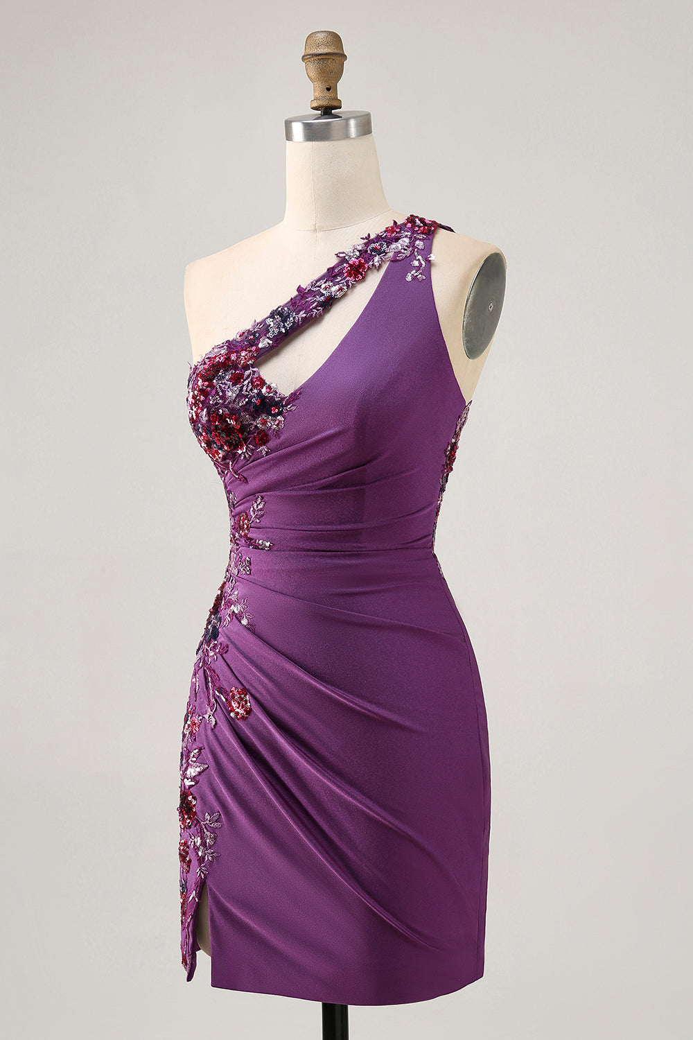 Dark Purple One Shoulder Sequin Bodycon Homecoming Dress with Slit