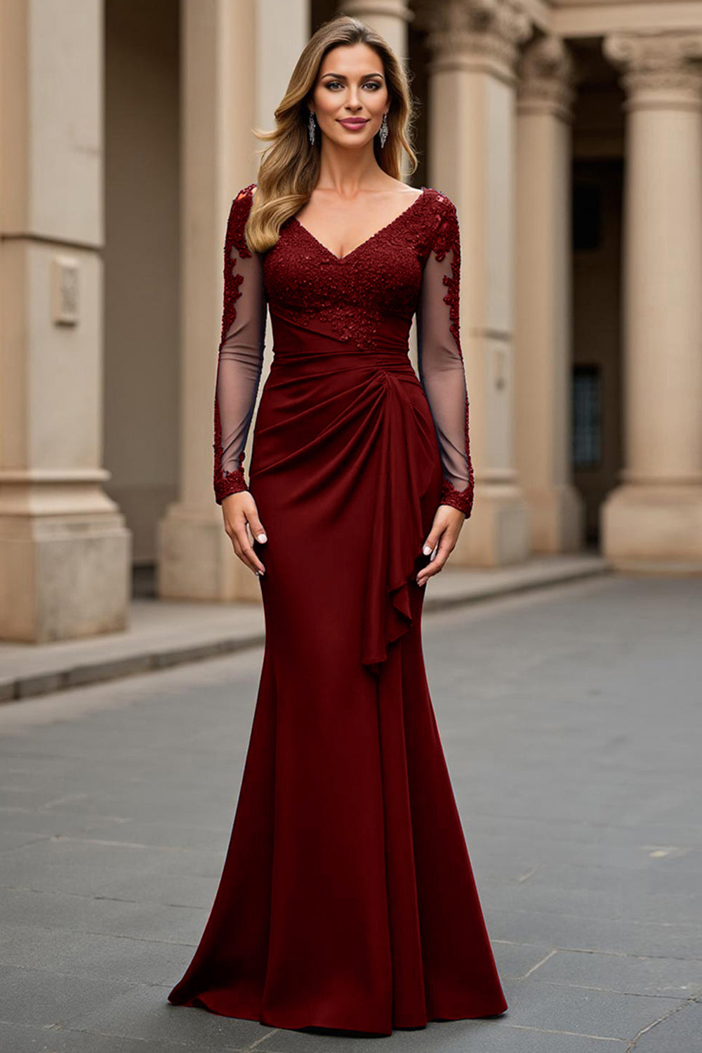 Navy Mermaid Long Sleeve Mother Of The Bride Dress With Appliques