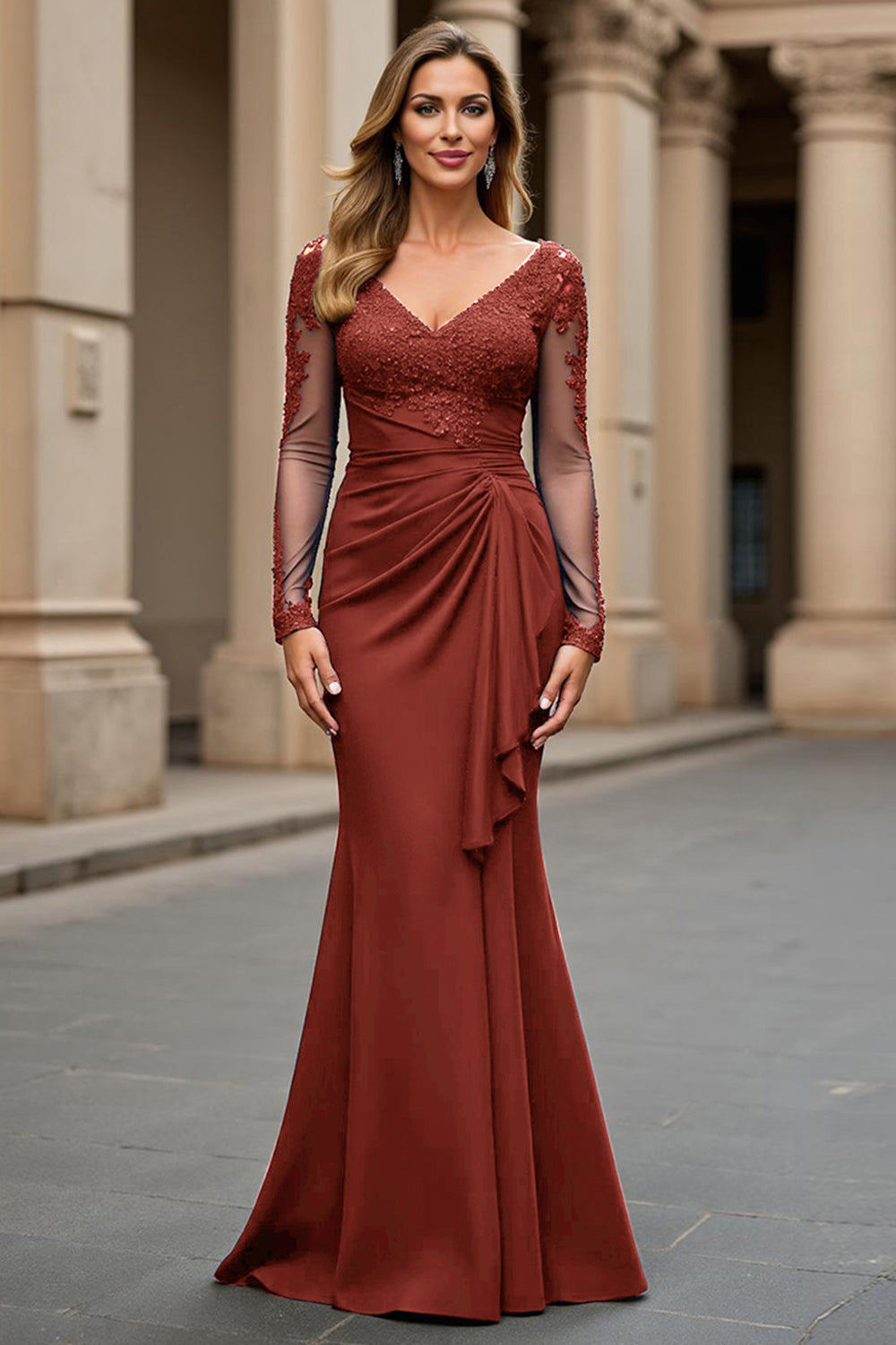 Navy Mermaid Long Sleeve Mother Of The Bride Dress With Appliques