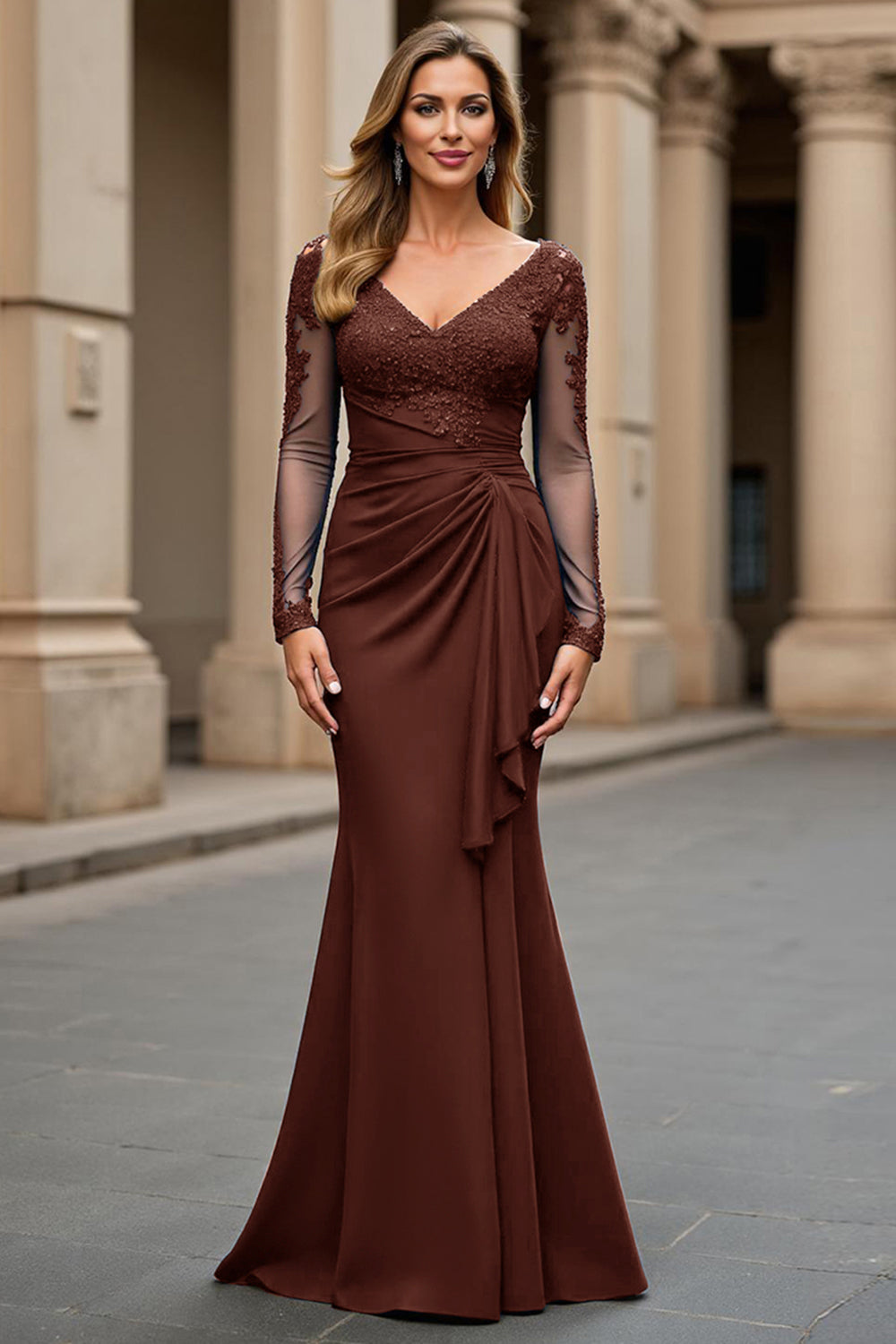 Navy Mermaid Long Sleeve Mother Of The Bride Dress With Appliques