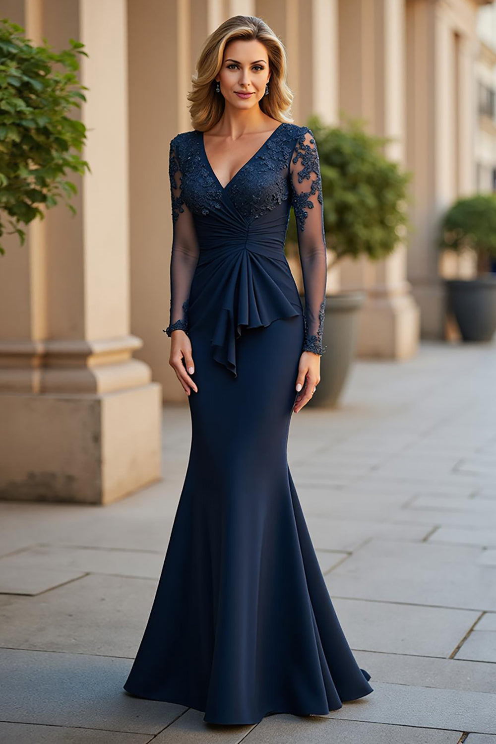 Navy Long Sleeve Ruched Mermaid Mother Of The Bride Dress With Appliques