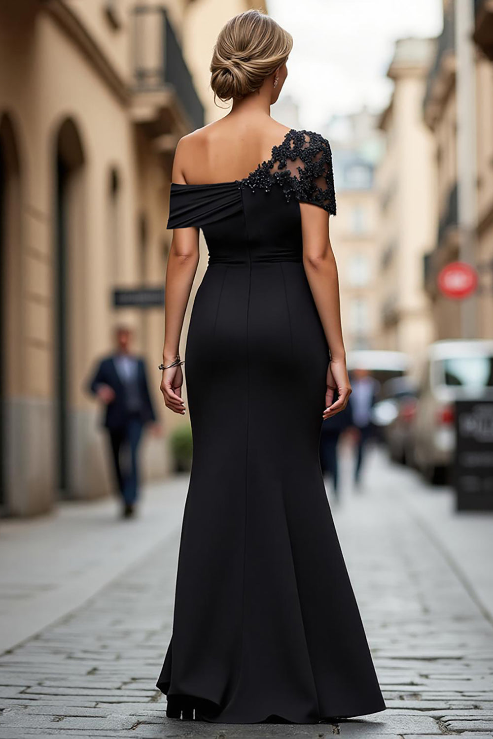 One Shoulder Black Mermaid Appliqued Mother Of The Bride Dress