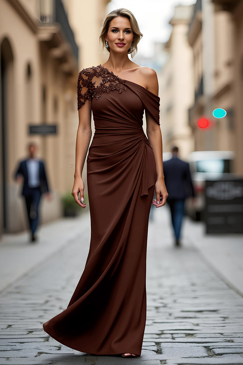 One Shoulder Black Mermaid Appliqued Mother Of The Bride Dress