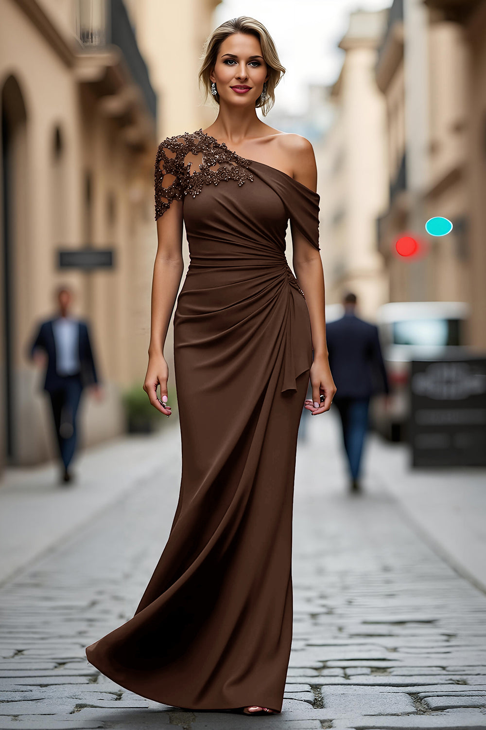 One Shoulder Black Mermaid Appliqued Mother Of The Bride Dress